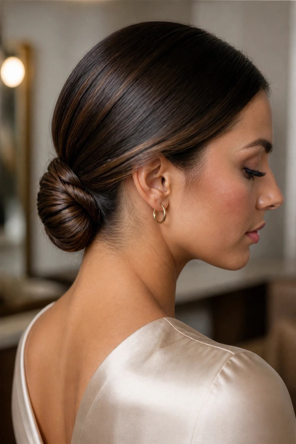 Close-up portrait of a woman with a rope-twist low bun at the nape