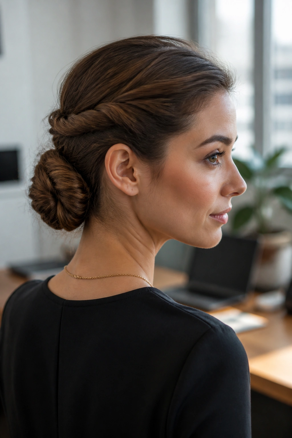 Close-up of a woman with a rope-twist low bun in an office