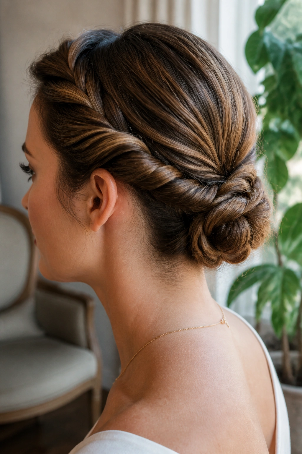 Close-up of a woman with two rope twists forming a bun at the nape, in soft window light