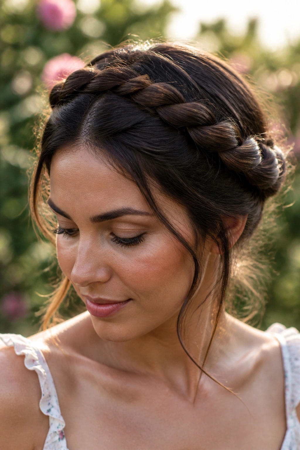 Close-up portrait of a woman with a rope-twist crown braid around her head