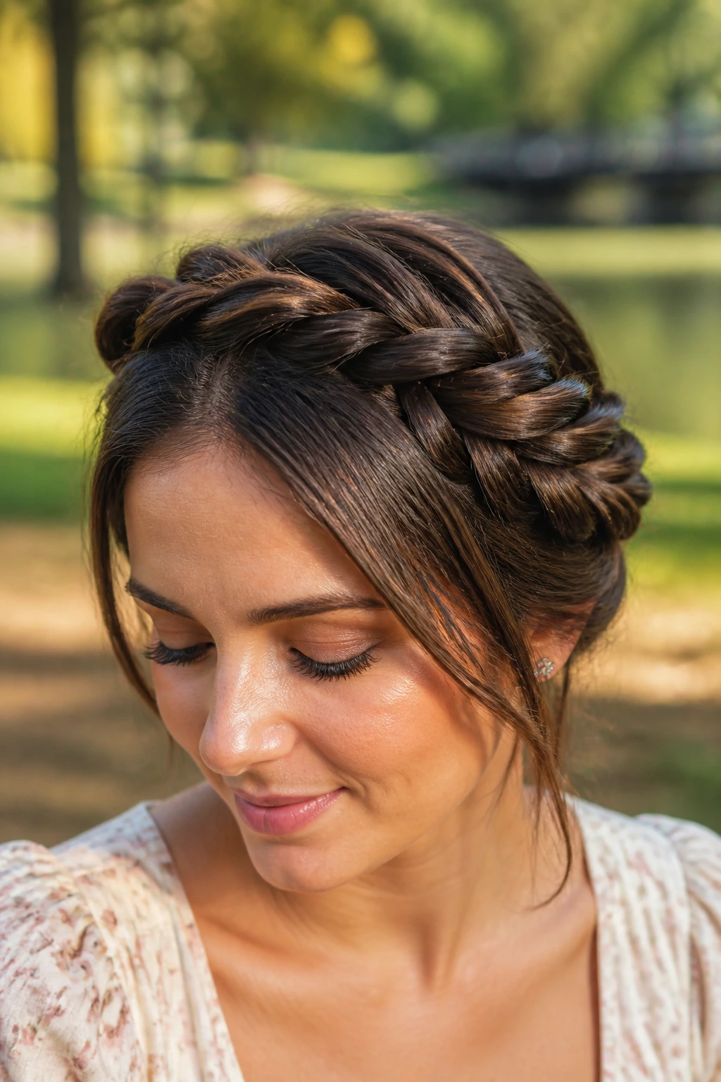 Close-up of a woman with a rope twist crown braid around the head.