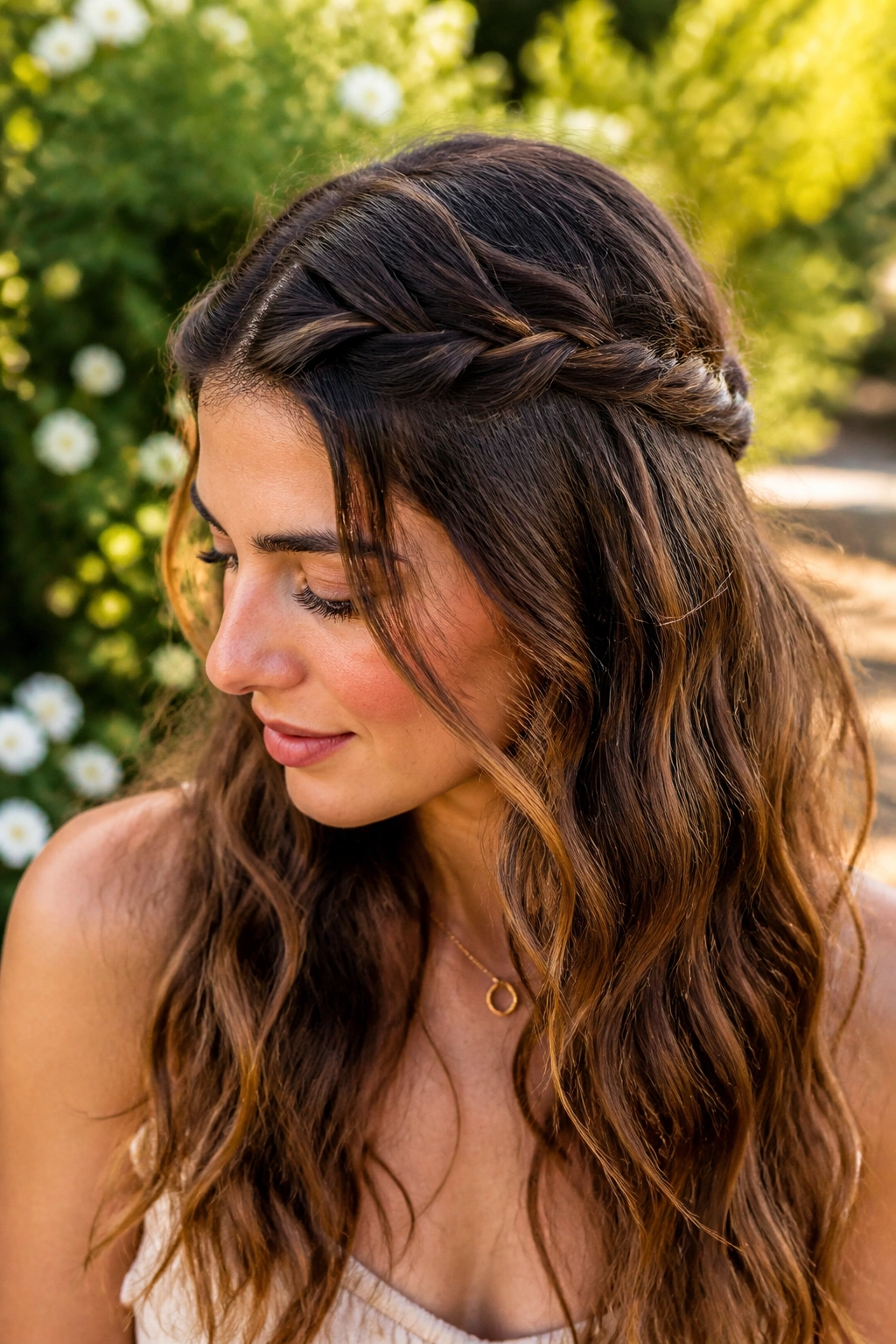 Woman with rope-twist half crown hairstyle