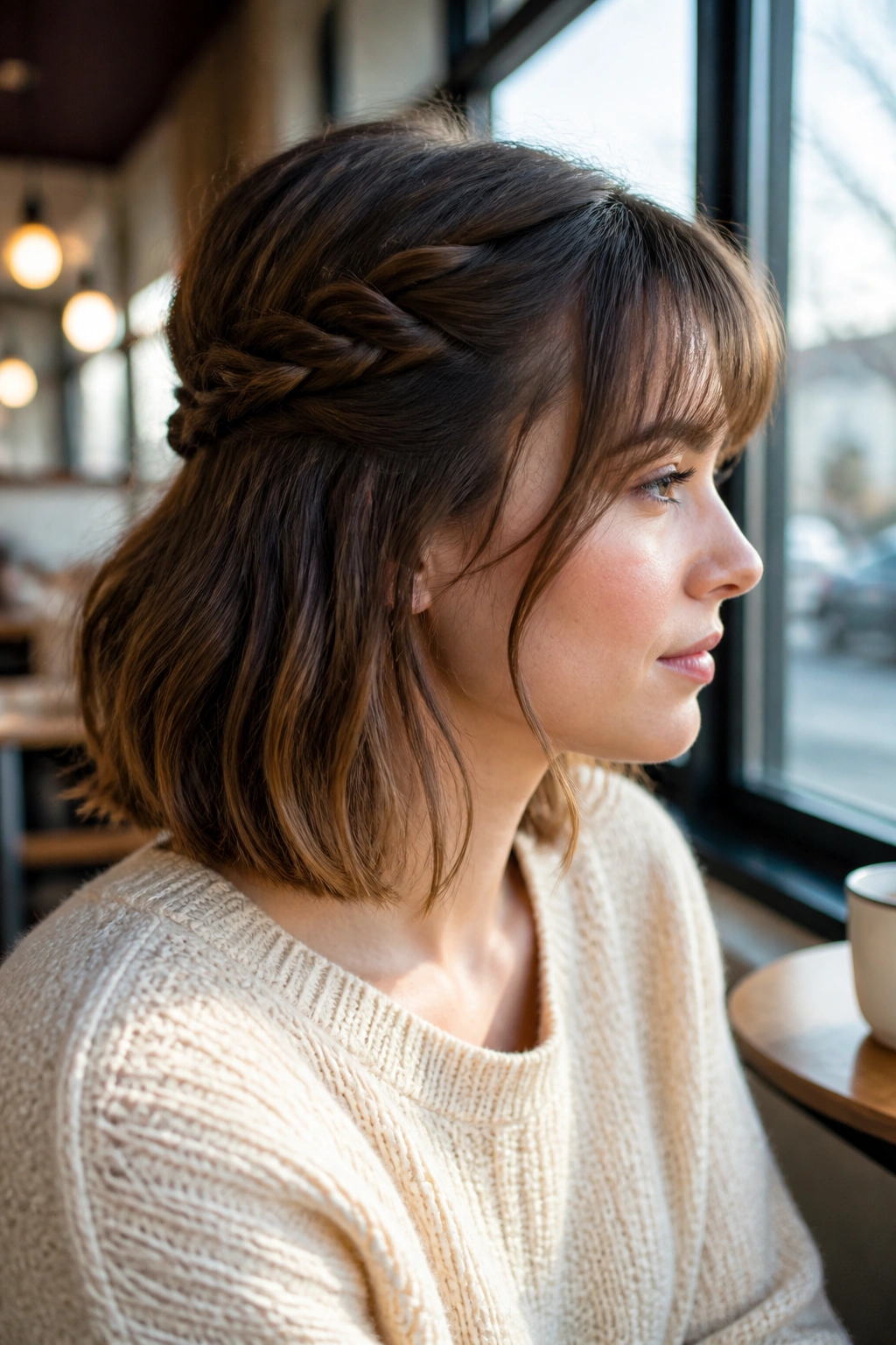Close-up of a real woman with Side-Swept Rope Twist hairstyle