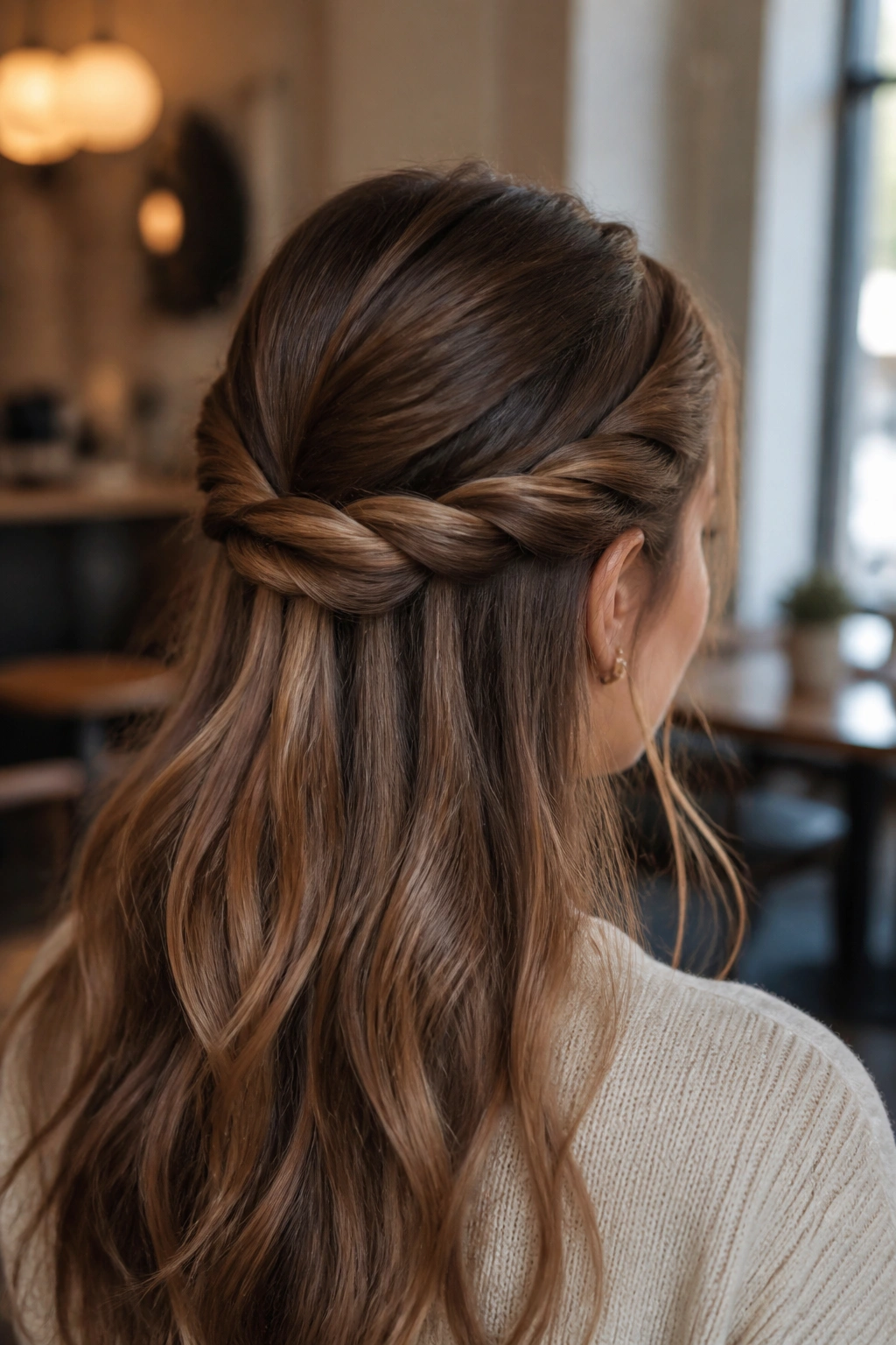 Close-up of a real woman wearing a soft rope twist half-up