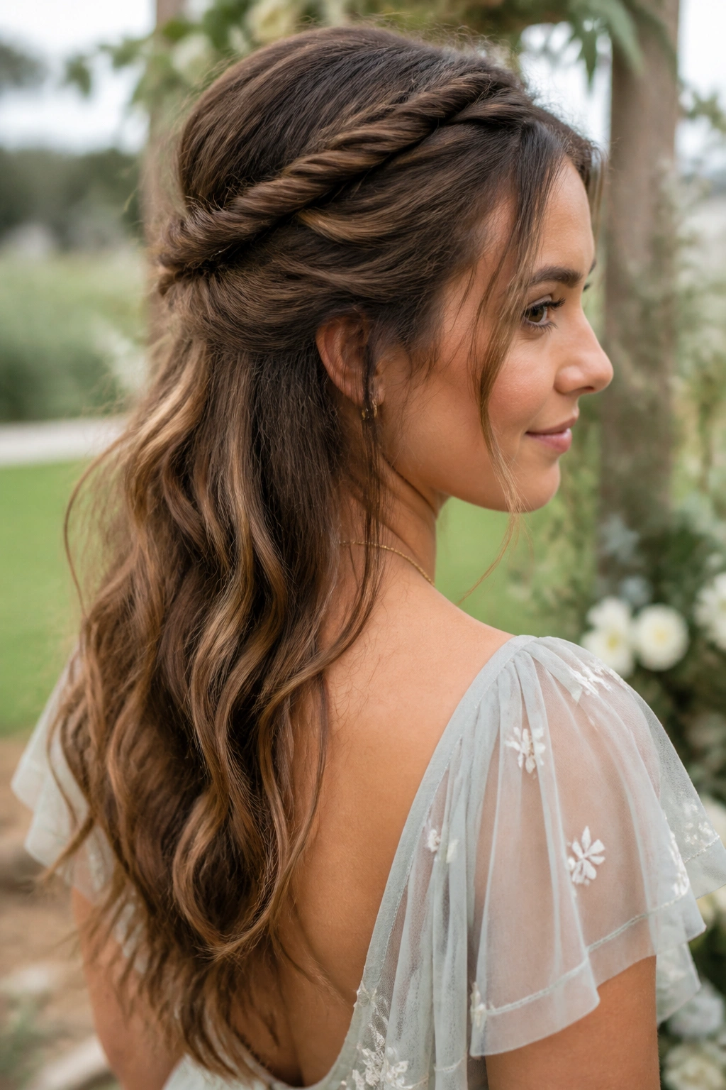 Portrait of a real woman with a rope-twist half-up hairstyle in a garden setting