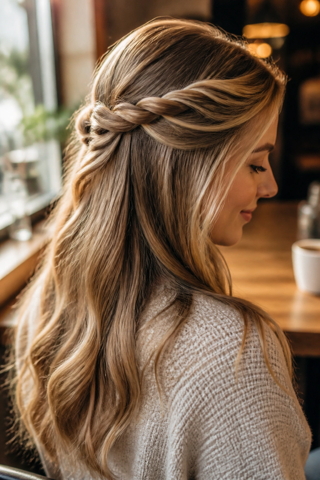 Real woman with rope twist half-up in cozy cafe setting