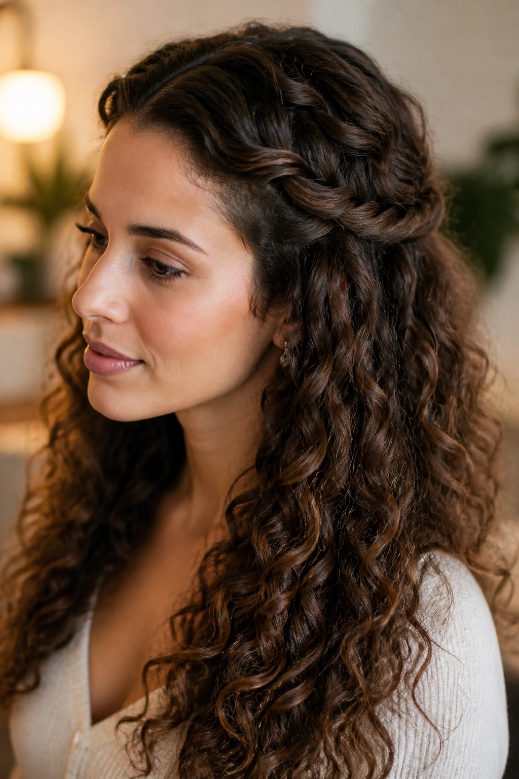 Close-up of a real woman showing rope twists at the sides, curls flowing