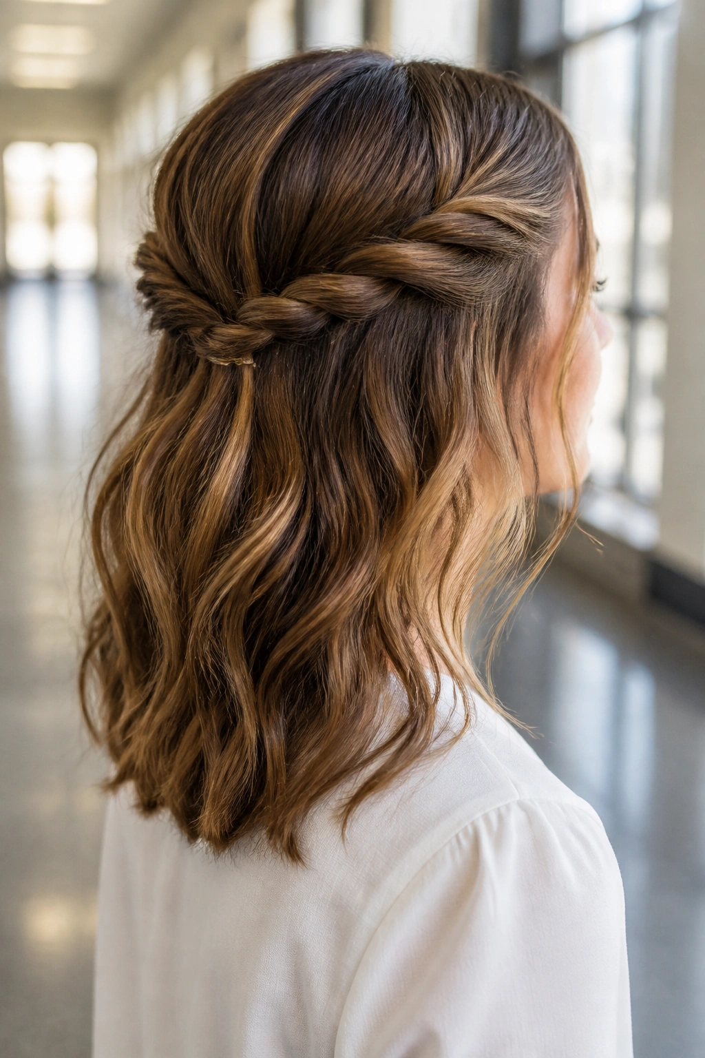 Three-quarter view of a real person with rope twist half-up hairstyle and visible waves