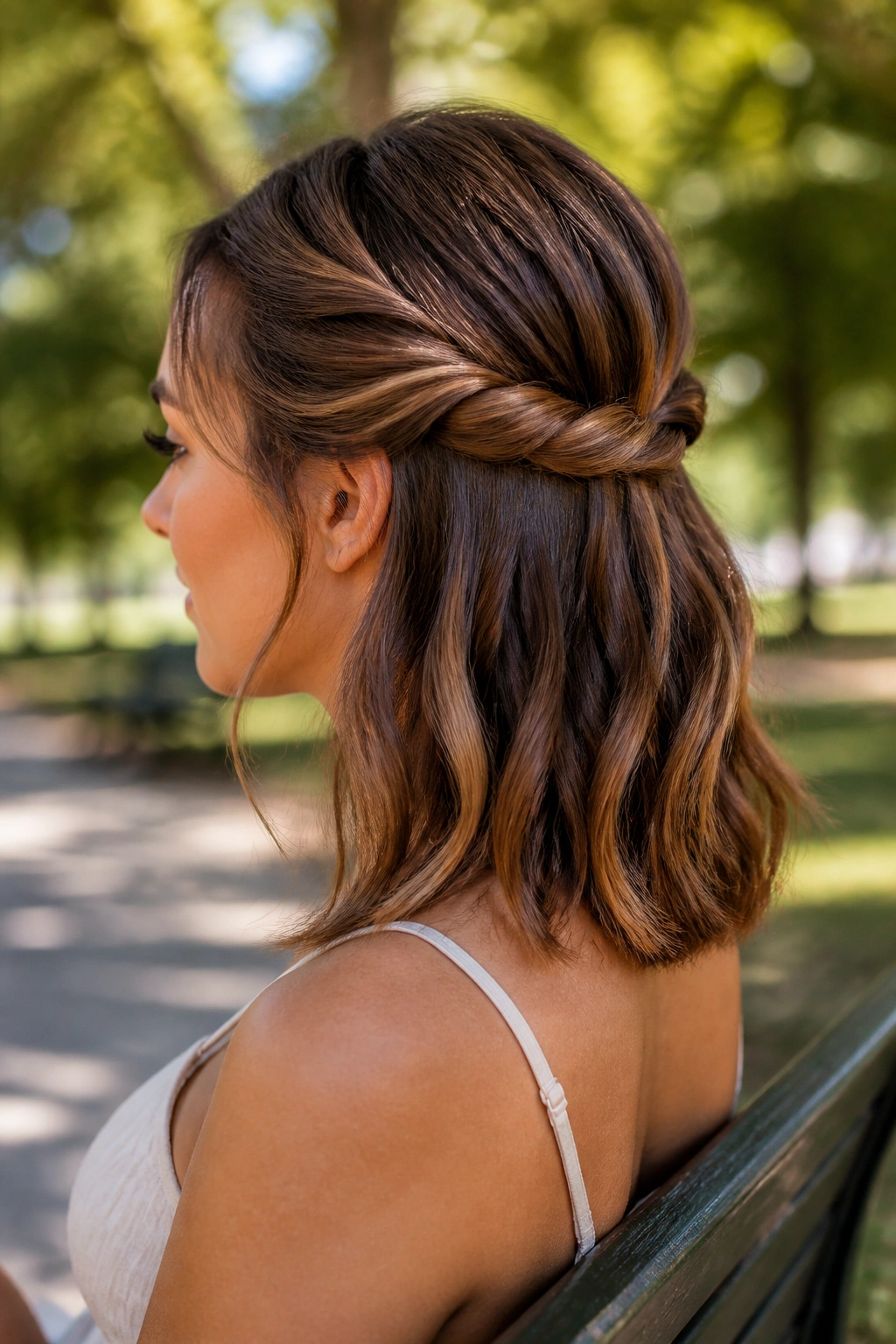 Close-up of real woman's Rope-Twist Half Updo showing rope twists meeting at back.