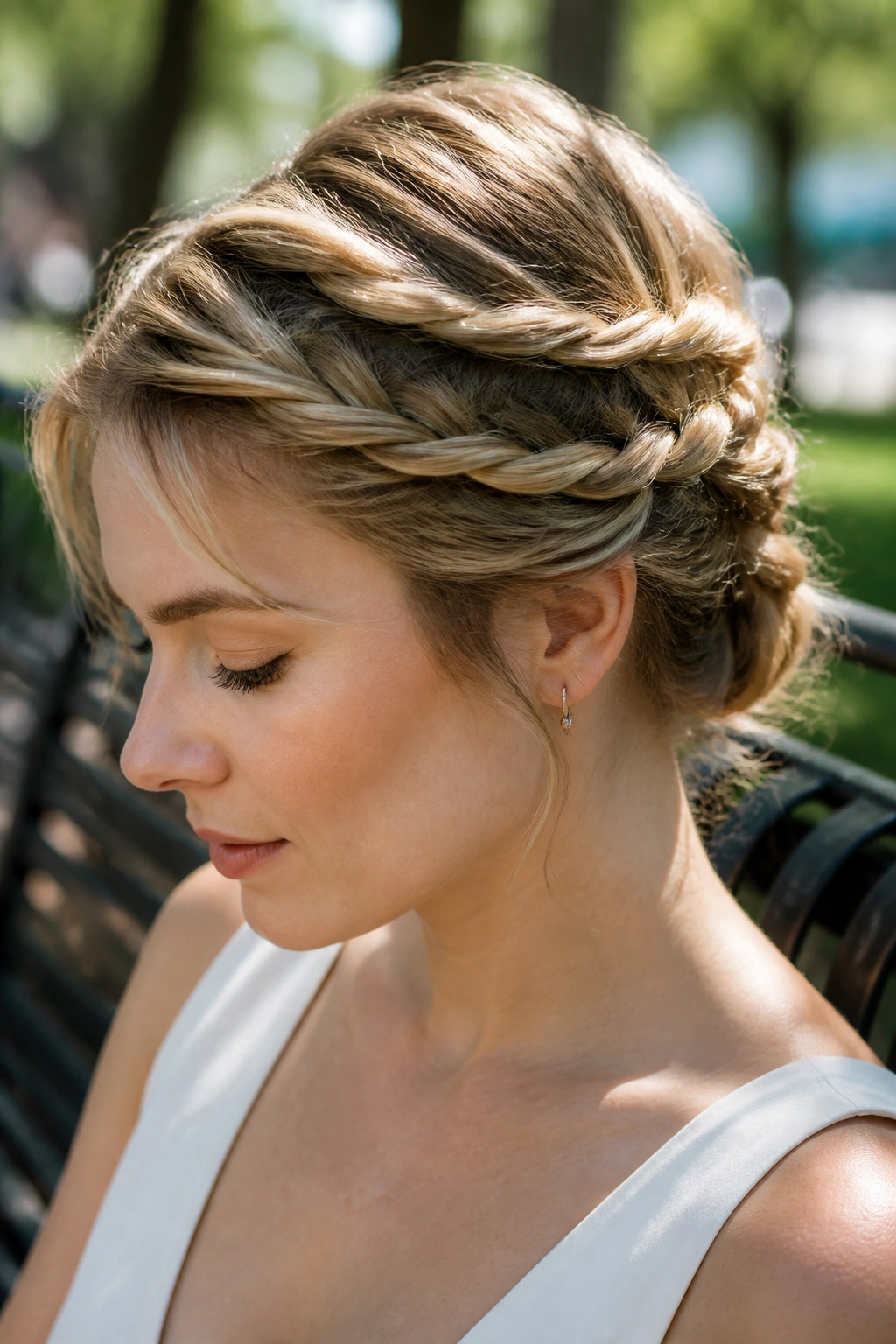 Portrait of a real woman wearing a rope-twist halo hairstyle