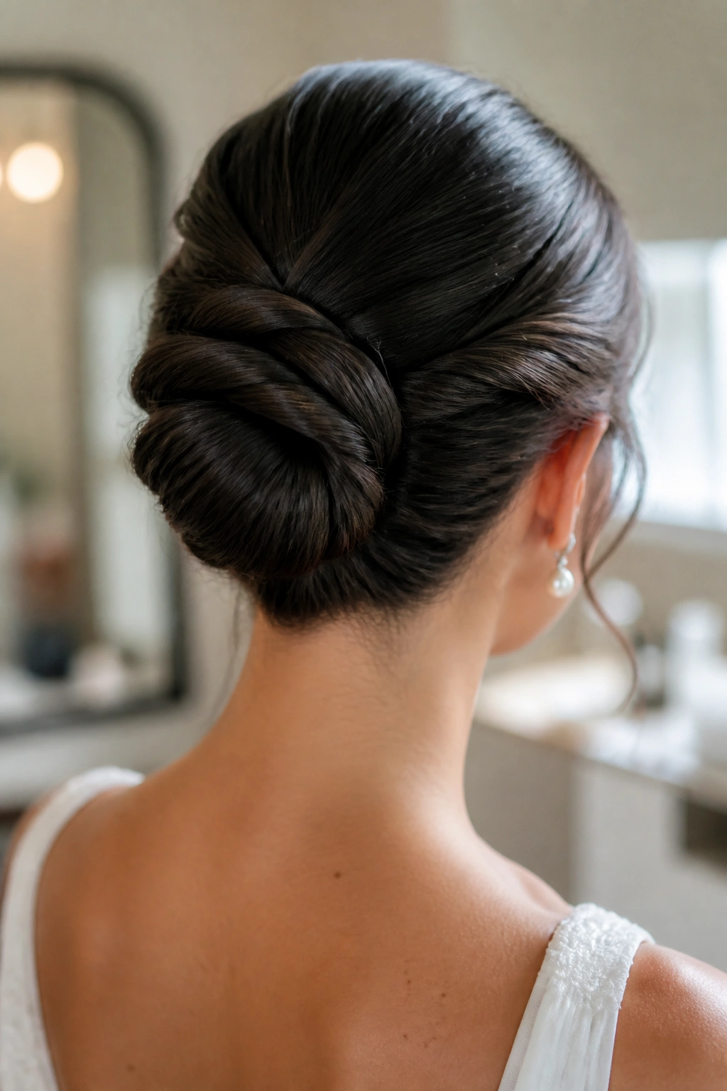 Back view of a real bride showcasing a rope-twist knot hairstyle