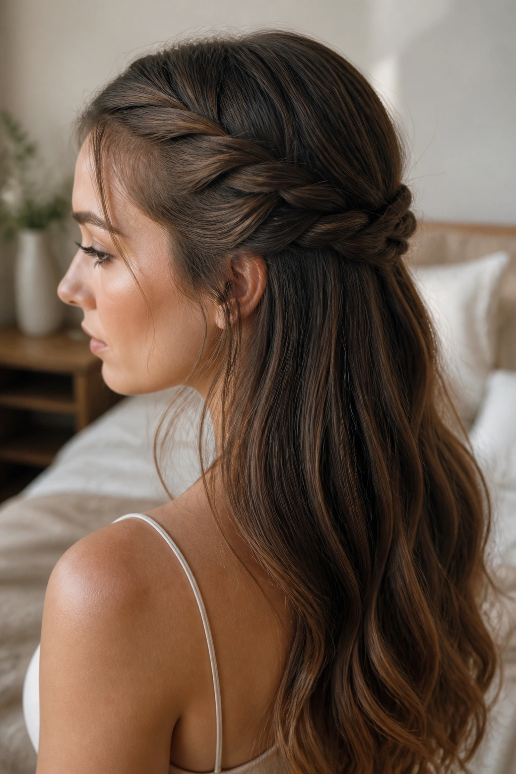 Close-up portrait of a real woman showing rope twists from temples to back with long flowing hair