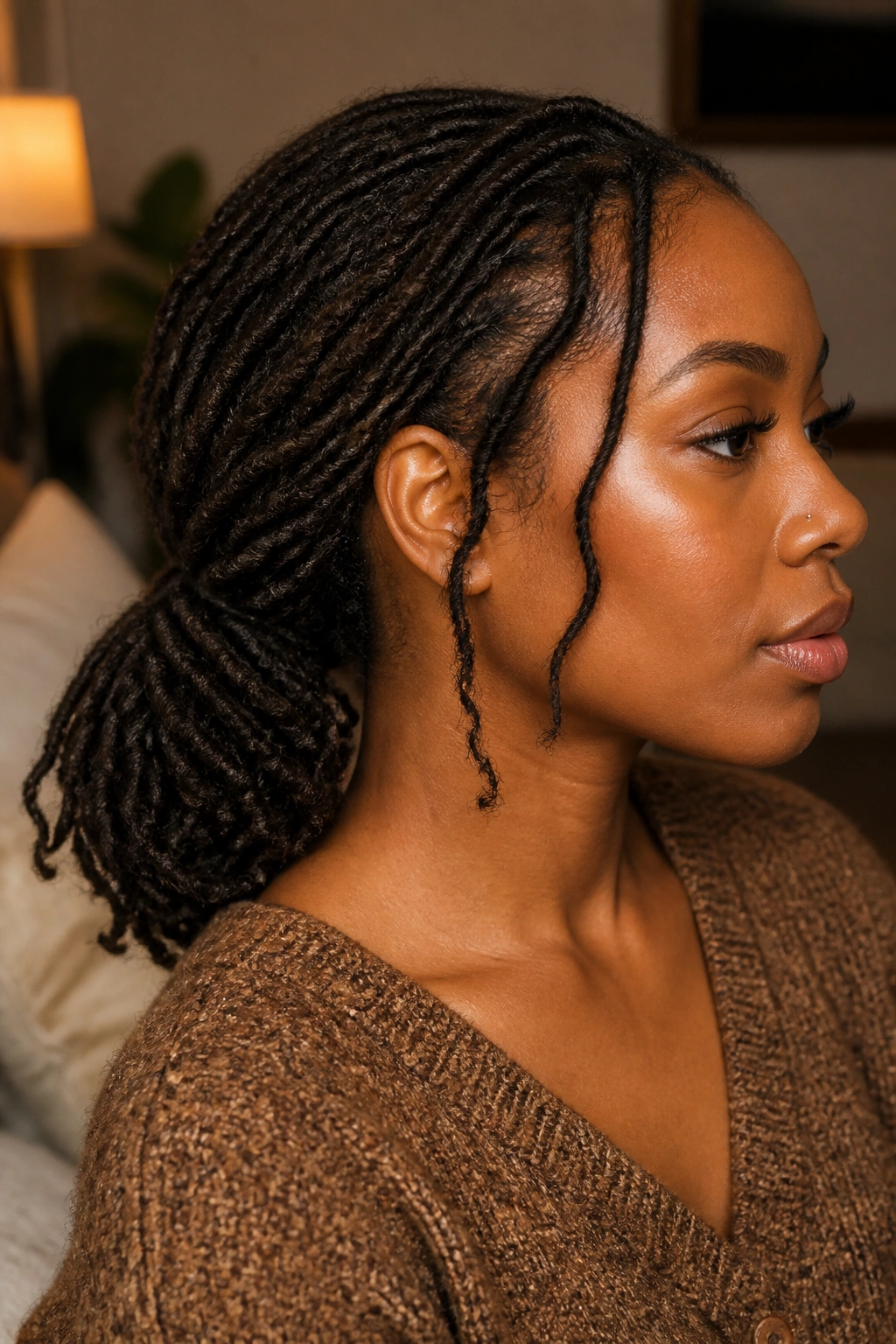 Close-up of a real woman with rope twists low ponytail