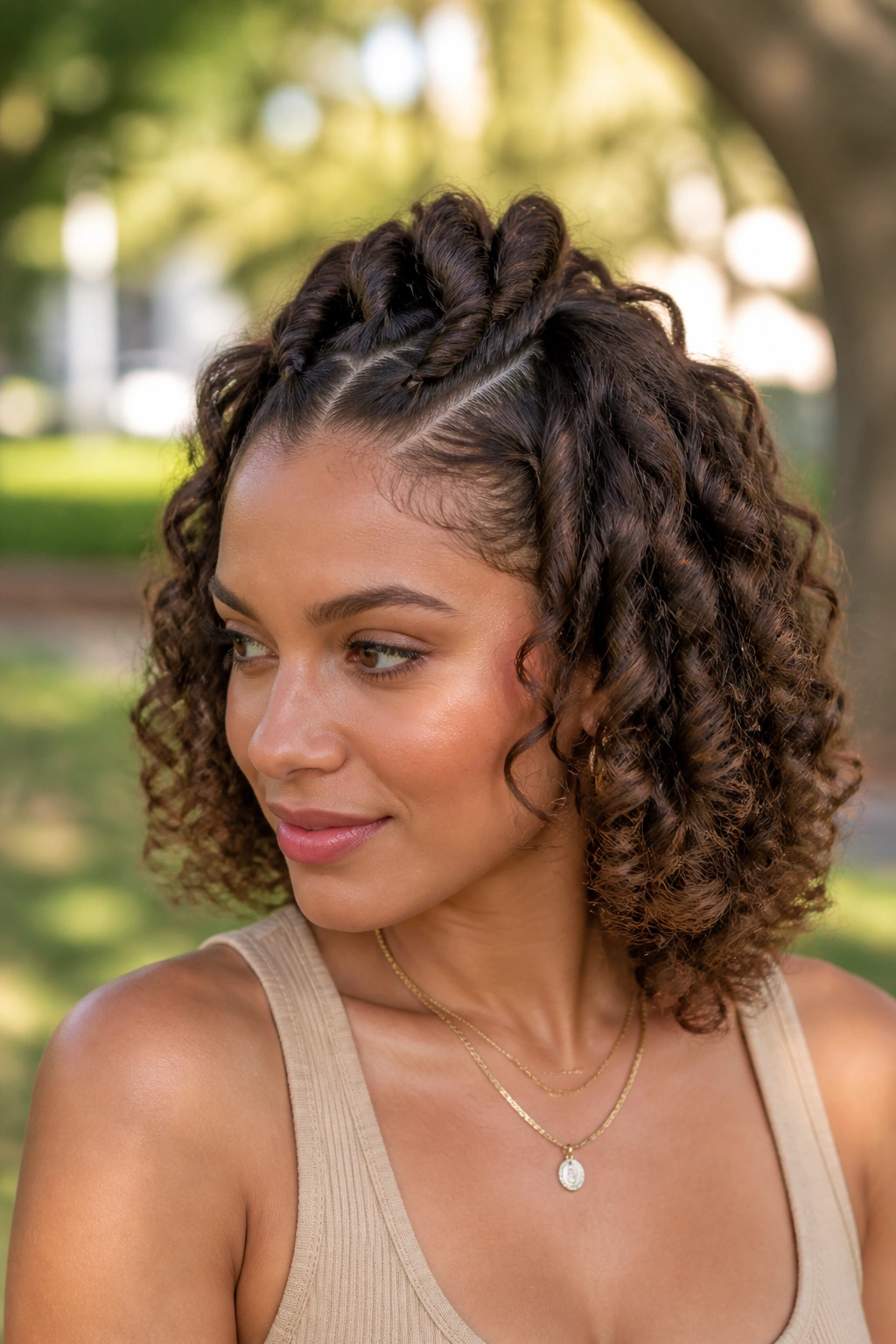 Close-up of rope-twist mohawk half-up on curly bob