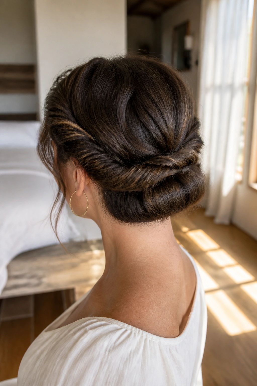 Close-up portrait of a real woman showing a rope-twist nape roll