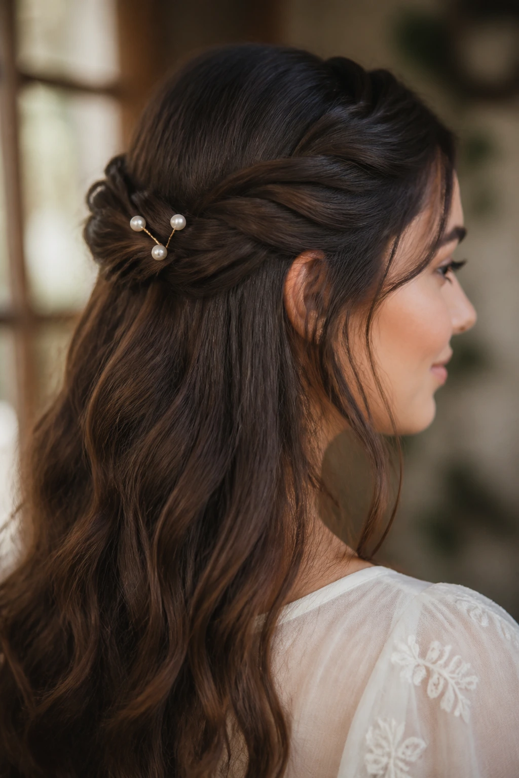 Close-up of a real woman with a rope twist and pearl pins at the back