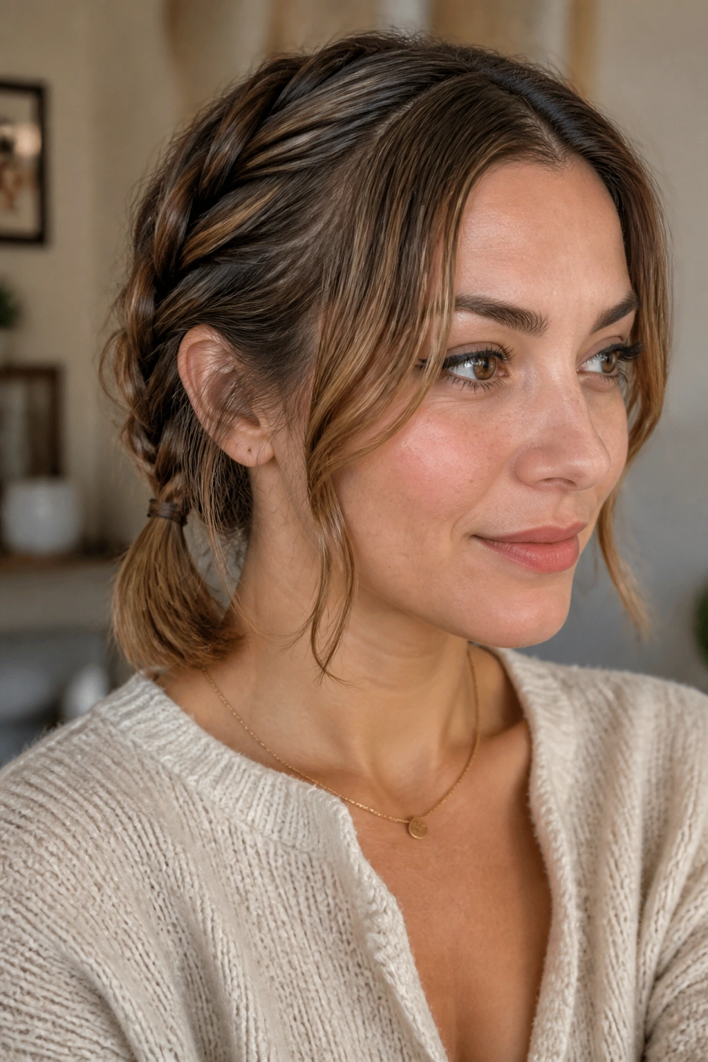 Close-up of rope twist pigtails on a bob-length hairstyle