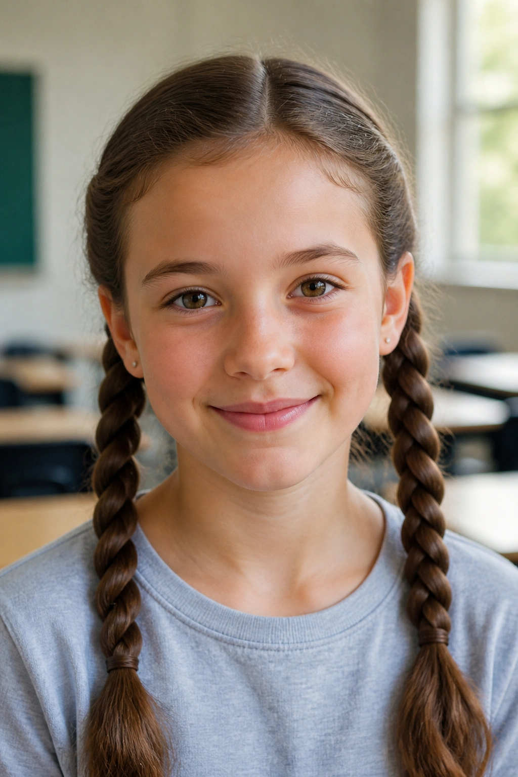 Close-up of a real girl with rope-twist pigtails, showing intertwined twists