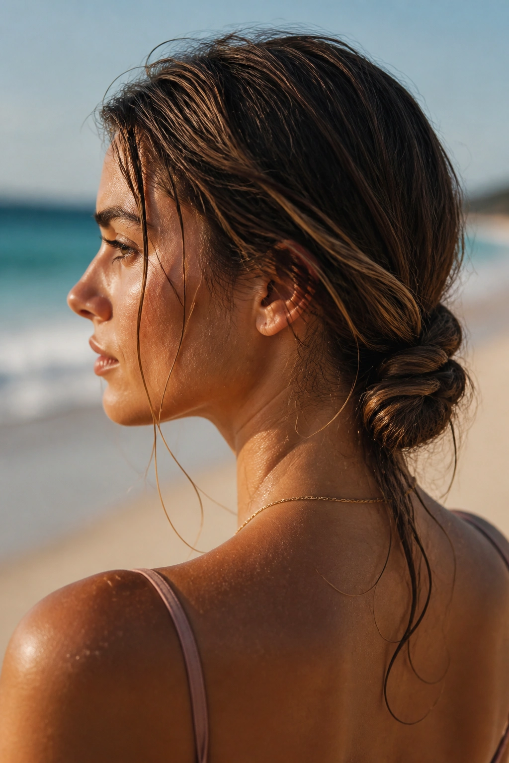 Close-up of a real woman wearing a low rope-twist ponytail at the nape on a windy beach