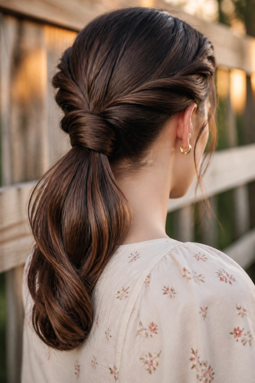 Three-quarter back view of a real woman with a rope-twist ponytail at the nape.