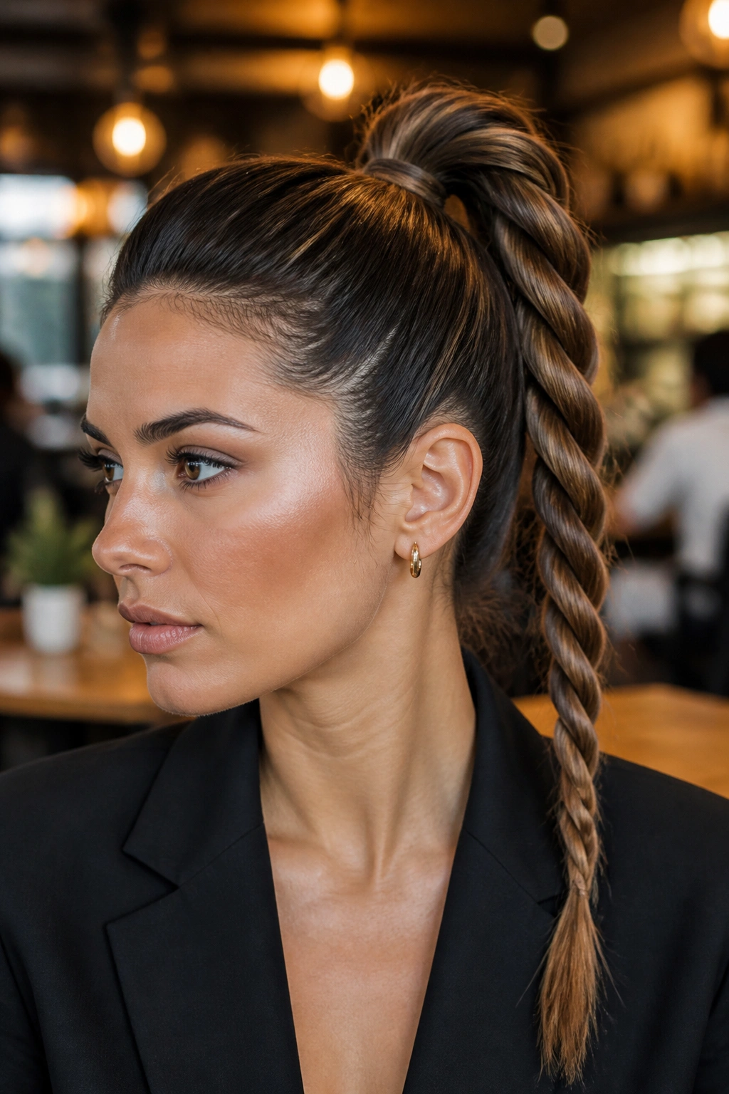 Rope-twist high ponytail showing opposing-direction twists and wrap.