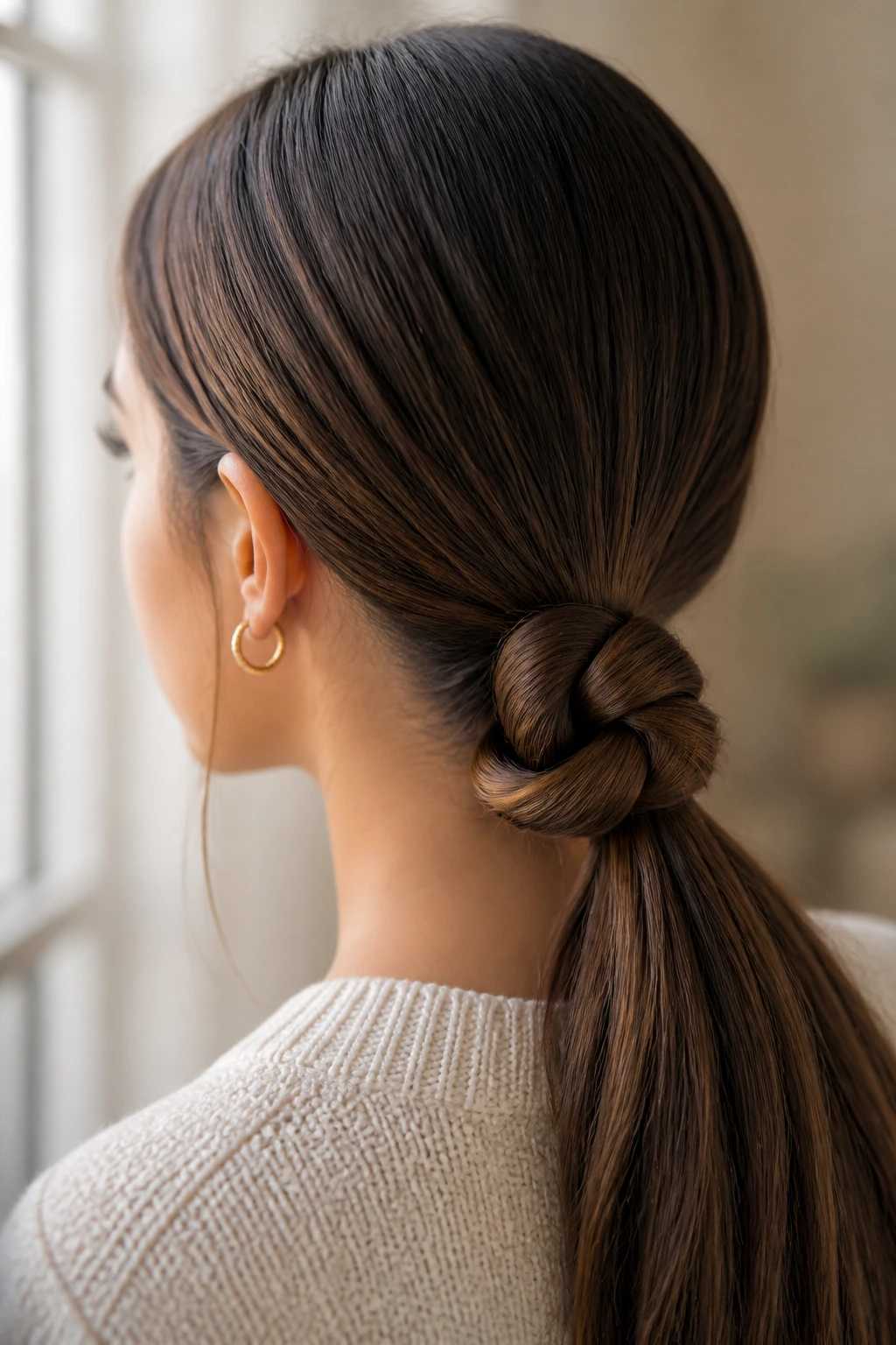 Close-up of a real woman with a rope-twist knot ponytail at the nape.
