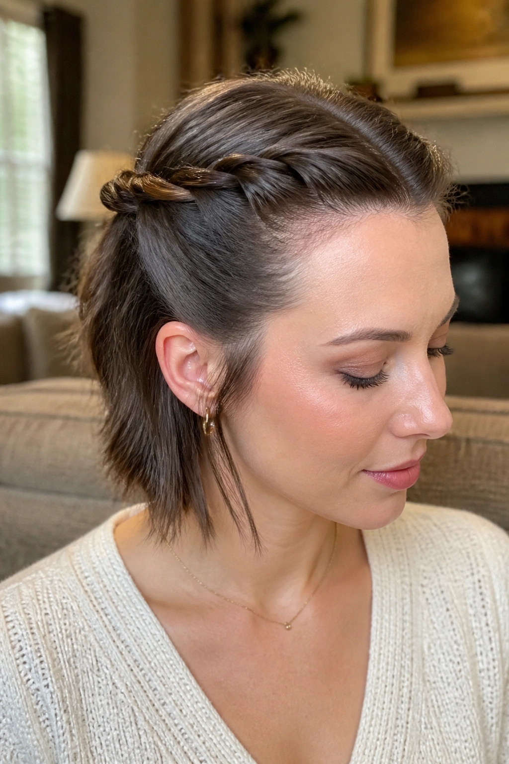 Close-up of a real woman wearing rope-twist half-up hairstyle with compact twists pinned at the crown