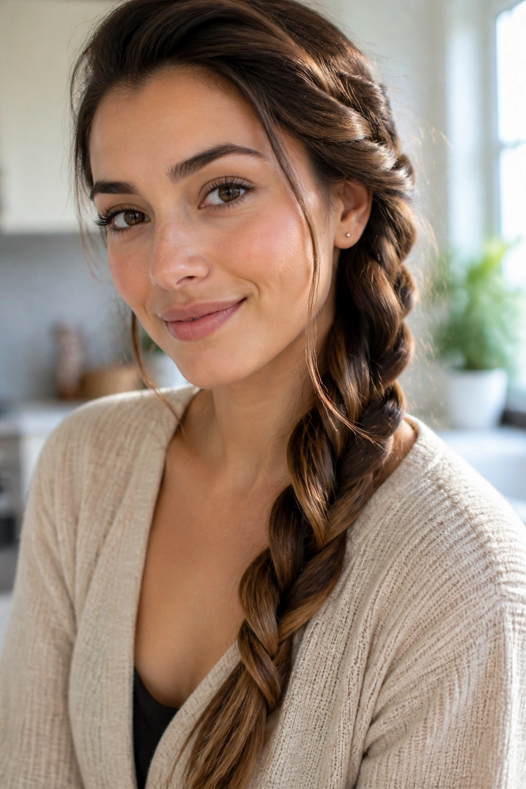 Close-up of a woman with rope twist side braid in a kitchen morning light