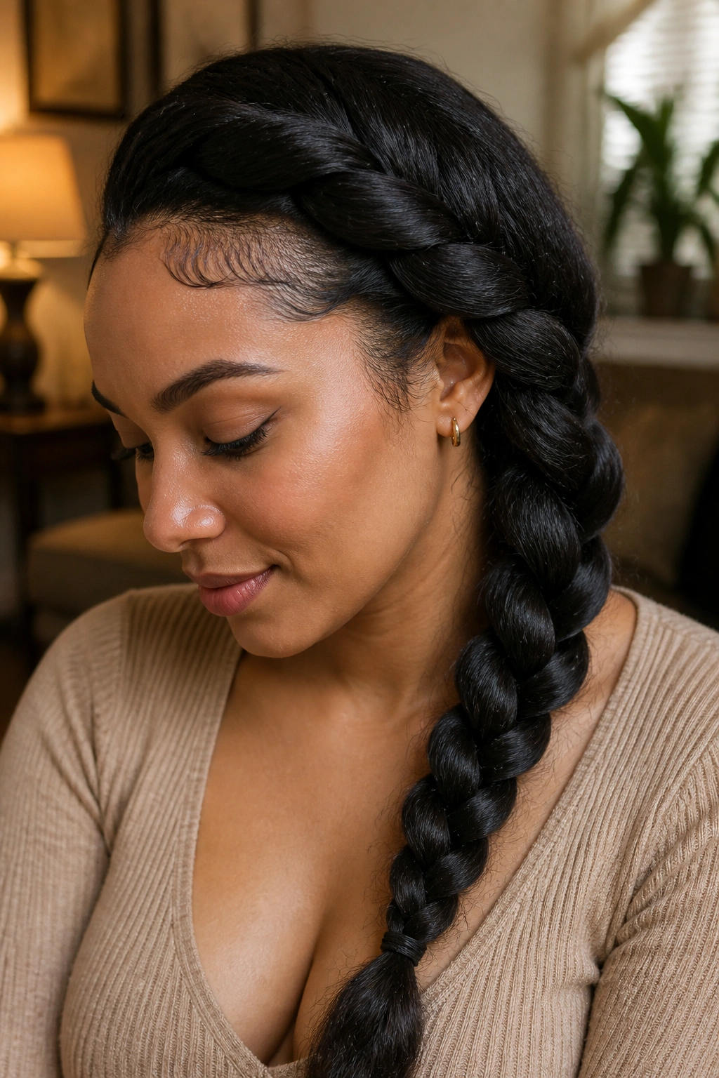Close-up of a real woman with a rope twist side braid
