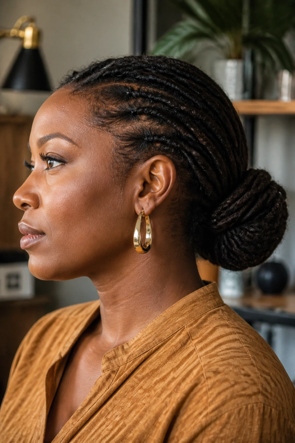 Real woman with a rope-twisted bun at the nape