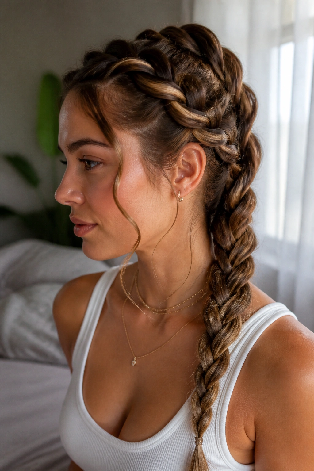 Close-up of a real woman with rope twists blending into a Dutch braid