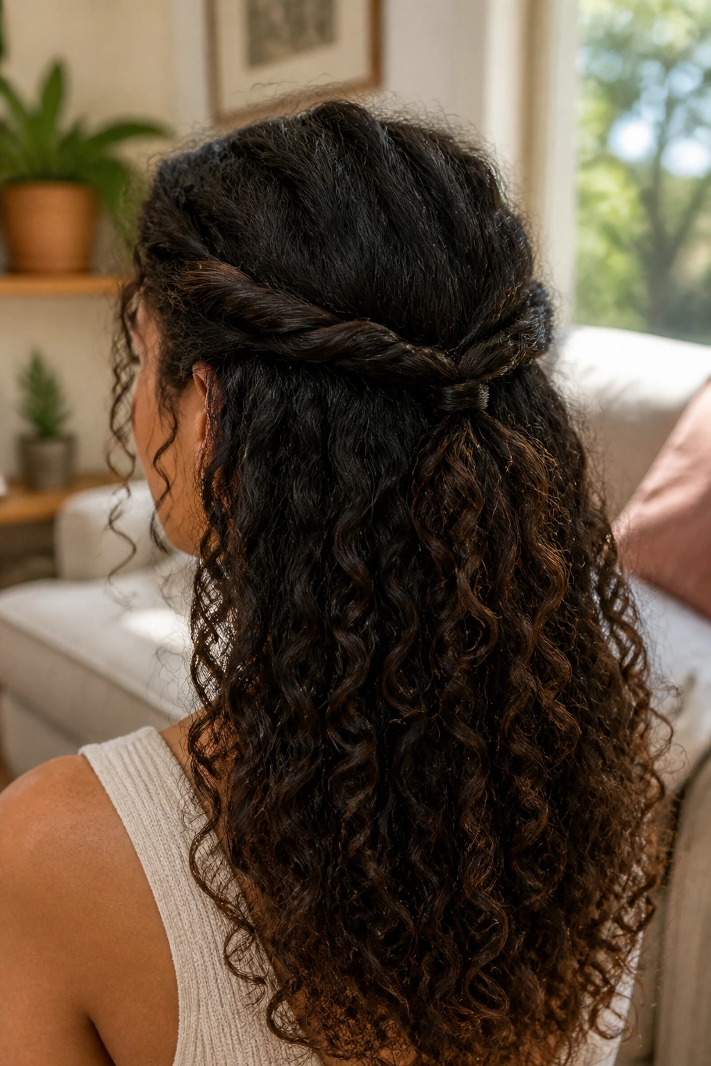 Close-up of a real woman with two rope twists forming a half-up tie