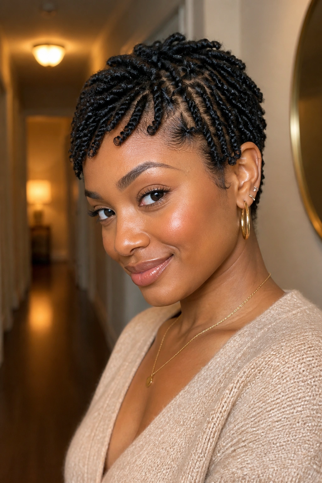Close-up of a real Black woman with rope-twist braids along the hairline of a pixie cut.
