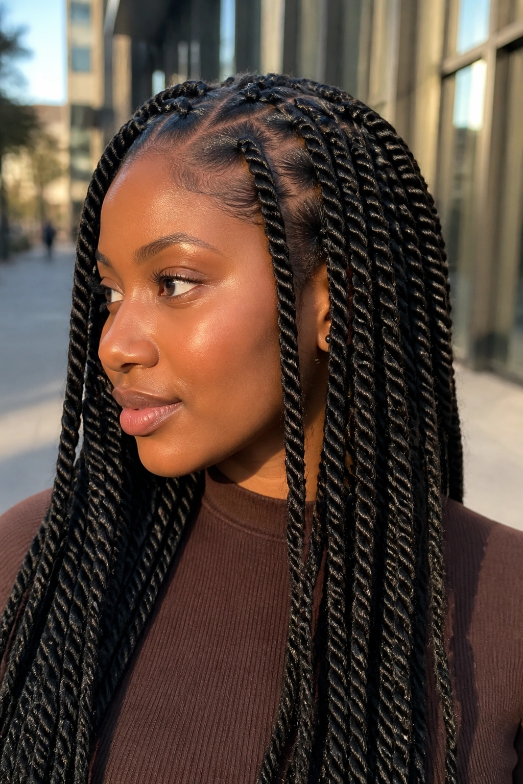 Close-up portrait of a real woman with rope twists on an urban sidewalk