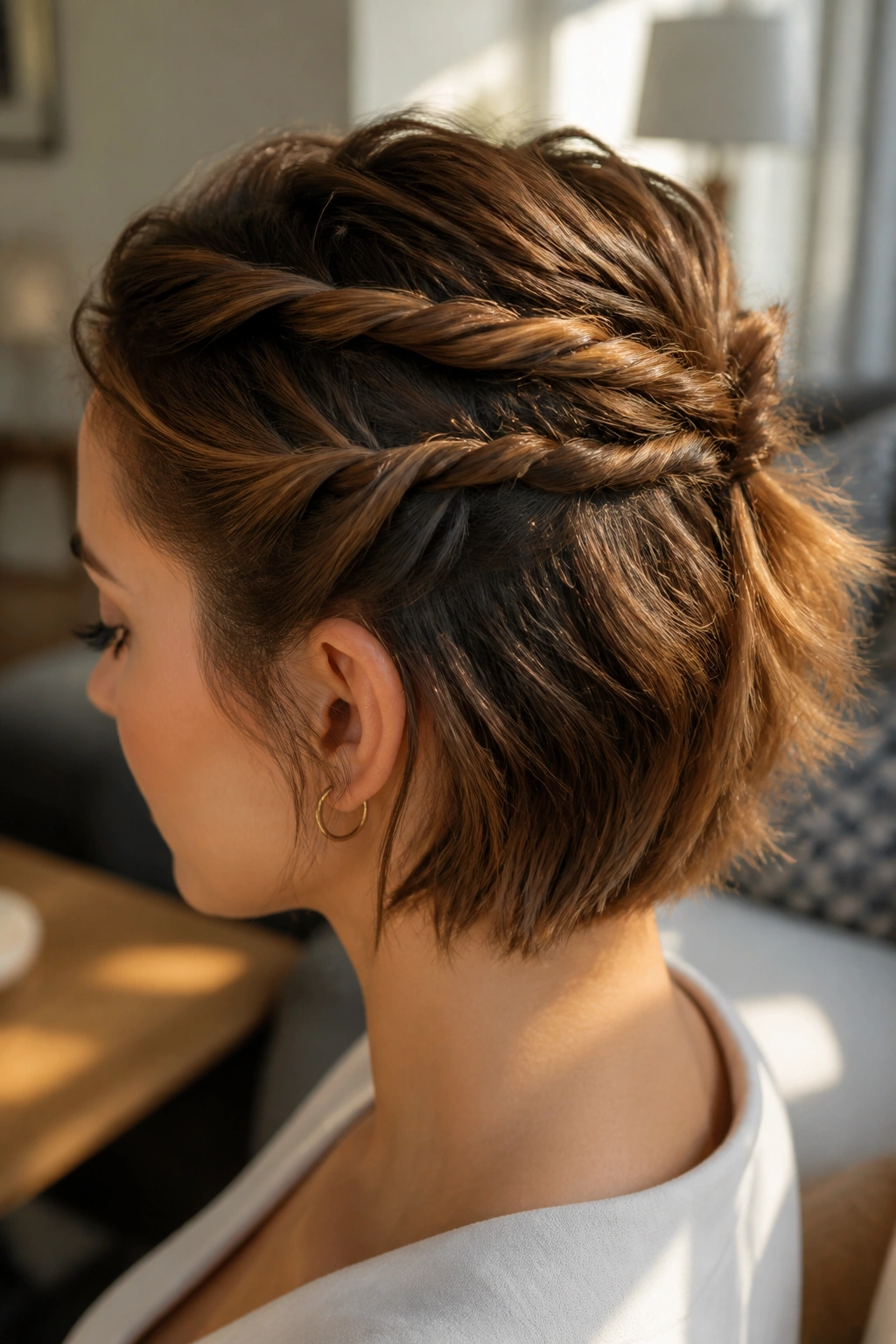 Close-up of a real woman showing rope twists on short hair pinned at the back