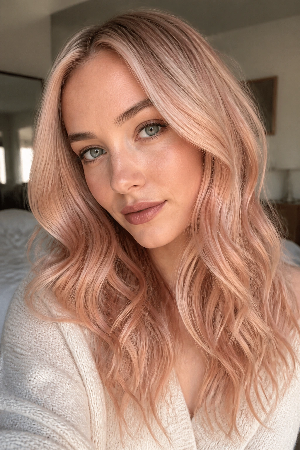 Close-up portrait of a real woman with rose blonde hair and soft waves in warm winter light