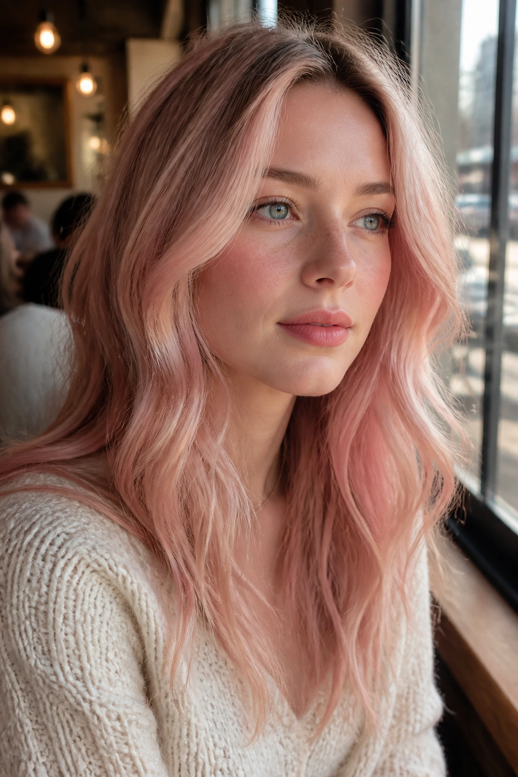 Close-up of a woman with rose blonde hair and soft pink tones in warm cafe light