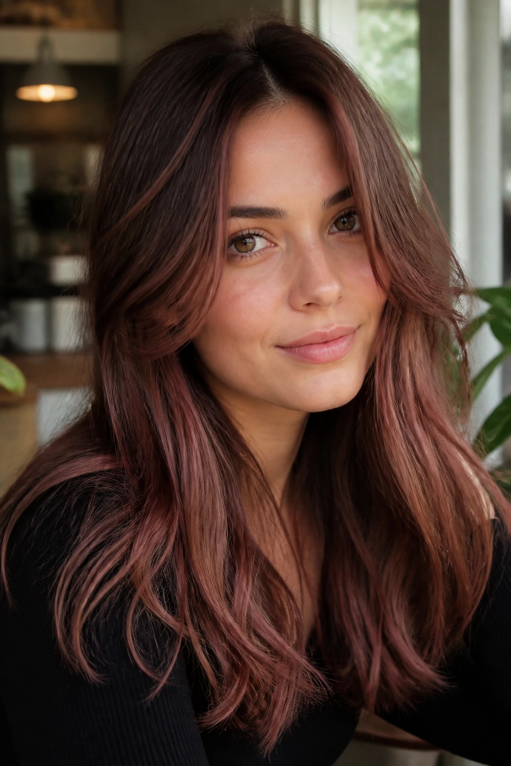 Close-up of a brunette with rose brown tint blending softly into the base color