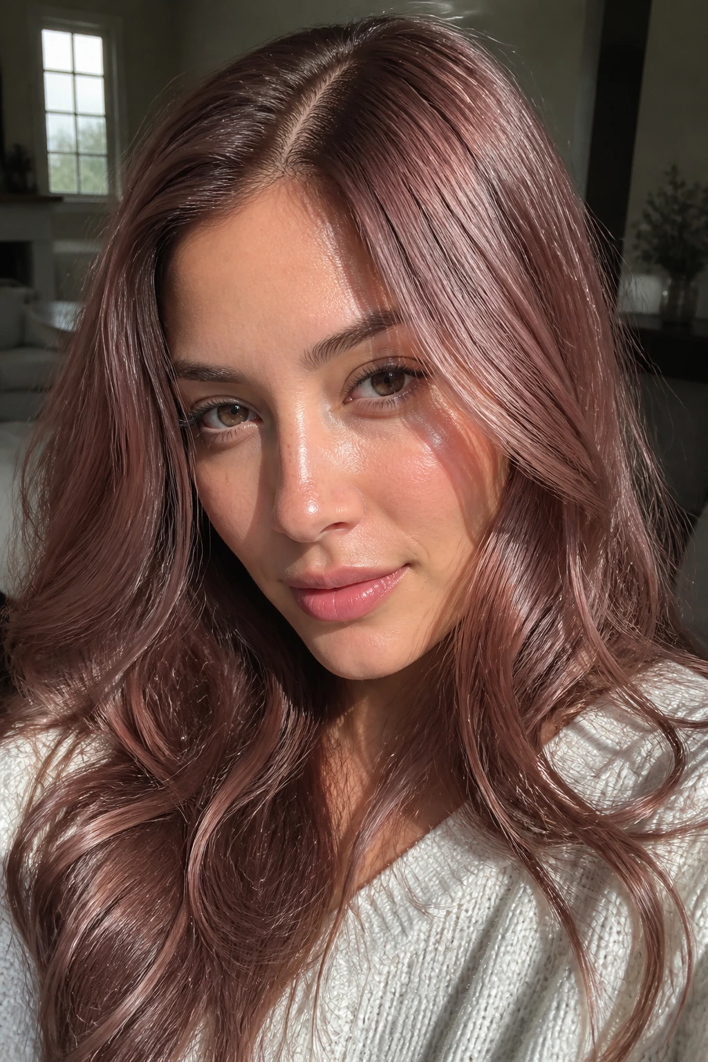 Portrait of a woman with rose brown hair showing soft pink-brown tint in sunlight