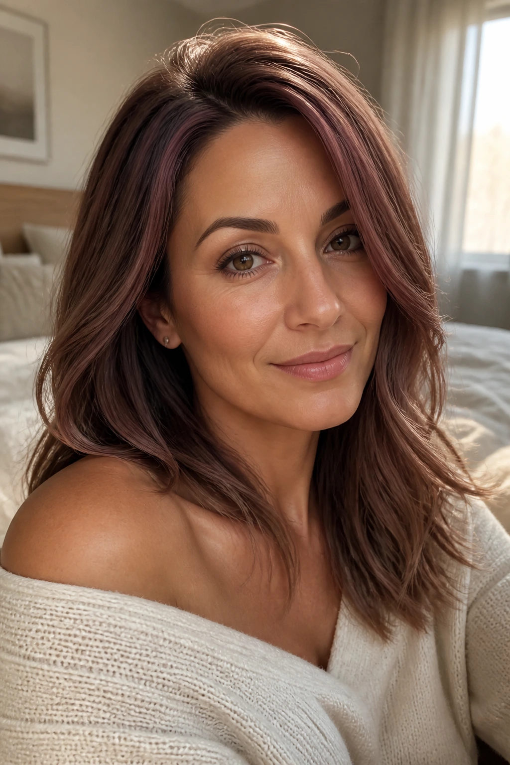 Close-up of a real woman with rose brown hair and soft blush warmth.