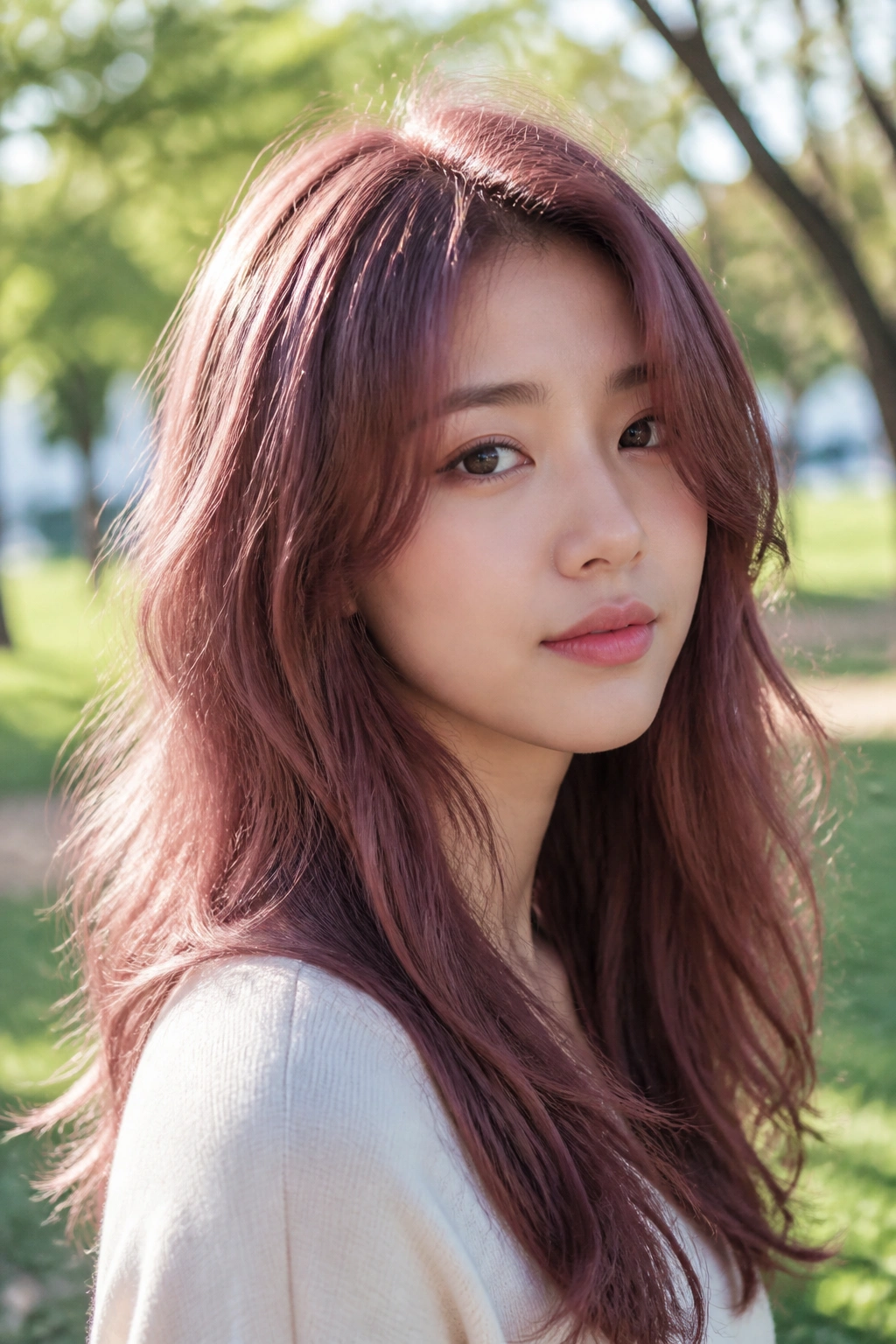 Close-up of a woman with rose brown hair color in a park setting.