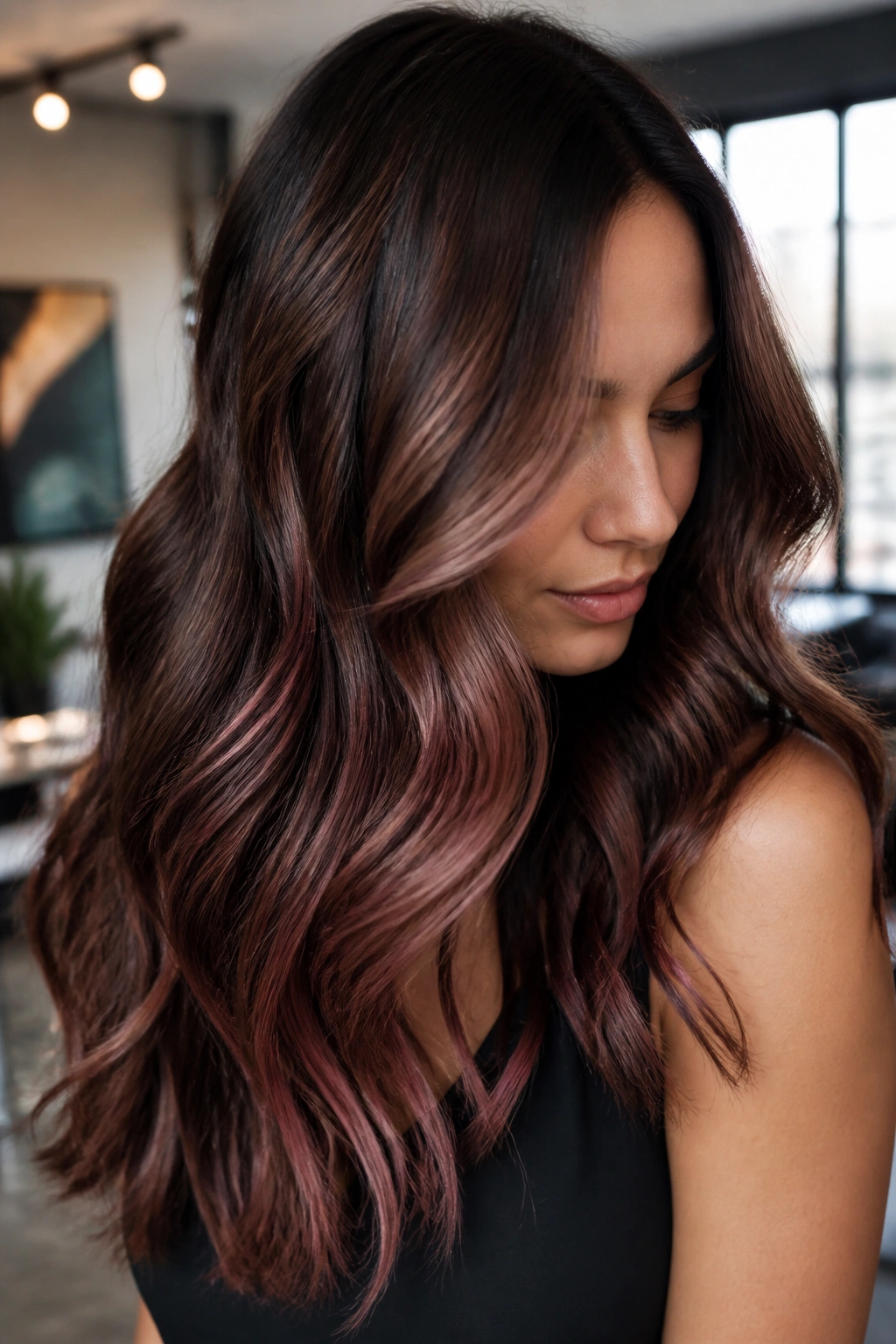 Close-up of brunette hair with rose brown highlights