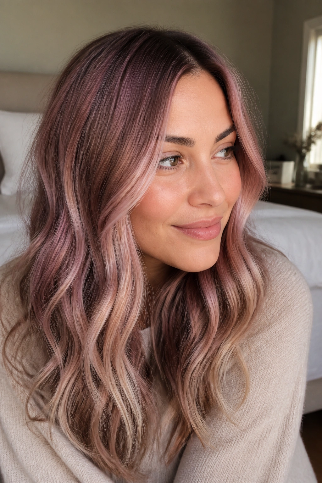 Close-up portrait with rose brown mauve beige melt hair