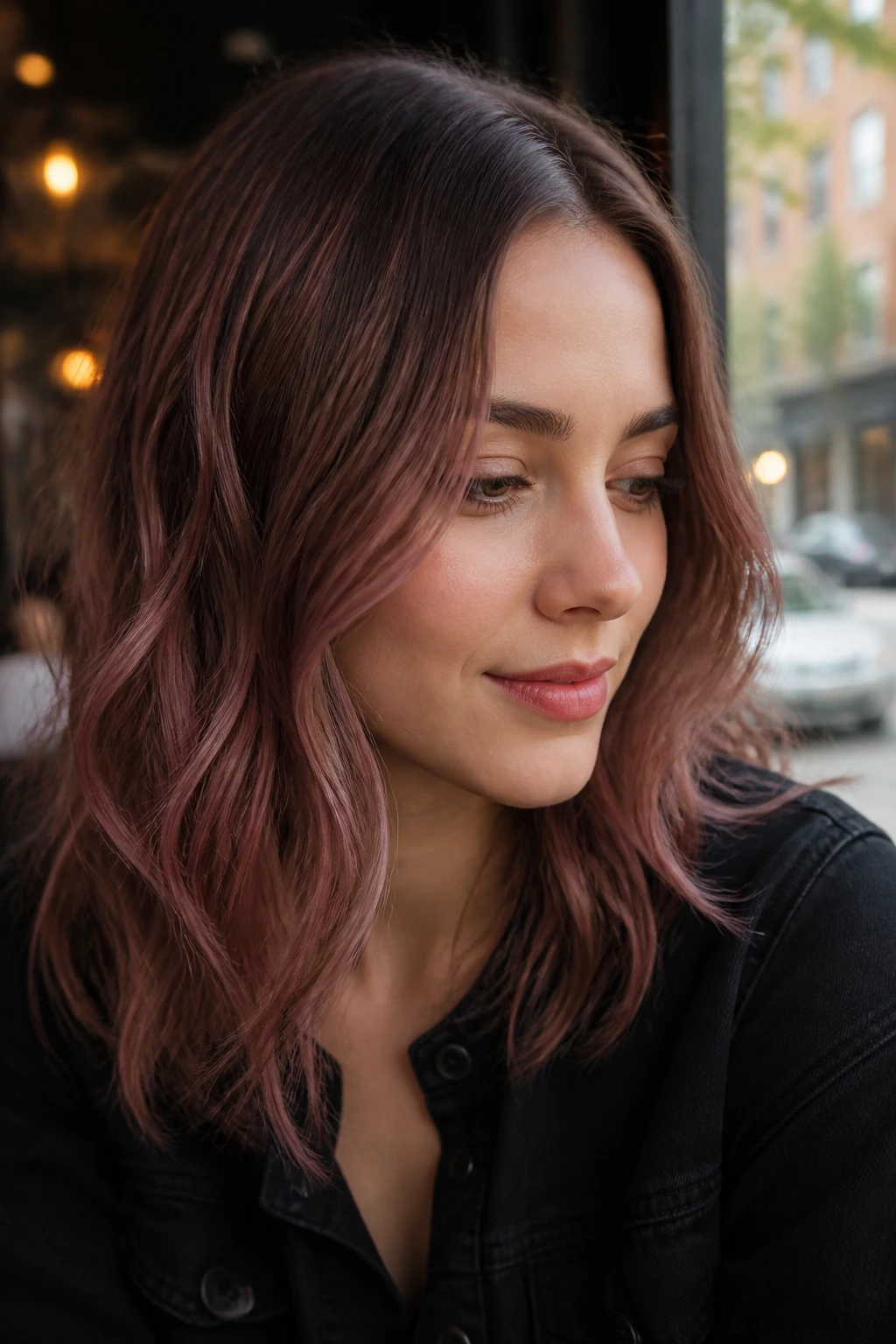 Close-up of a real woman with rose brown hair and a muted pink glaze