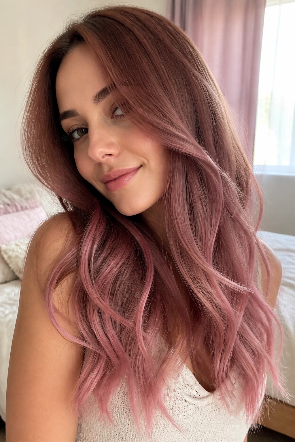 Close-up of rose brown to dusty pink ombre on a real woman's hair.