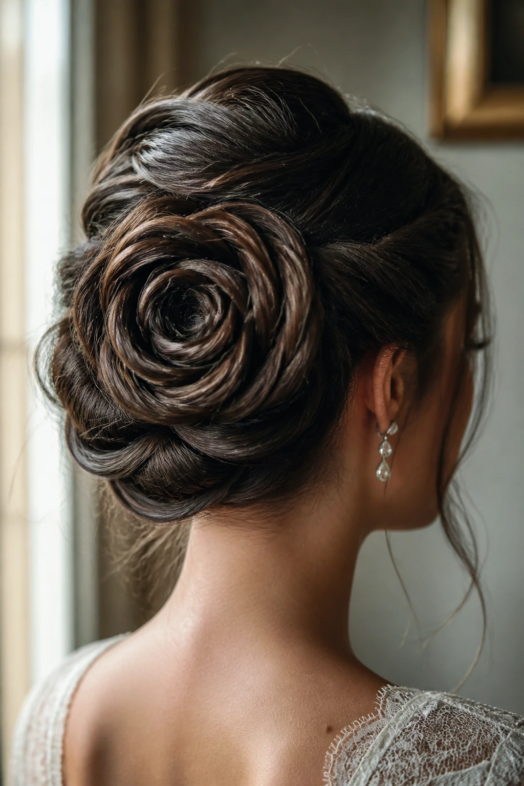 Close-up of a real woman showing a rose bun at the back of the head