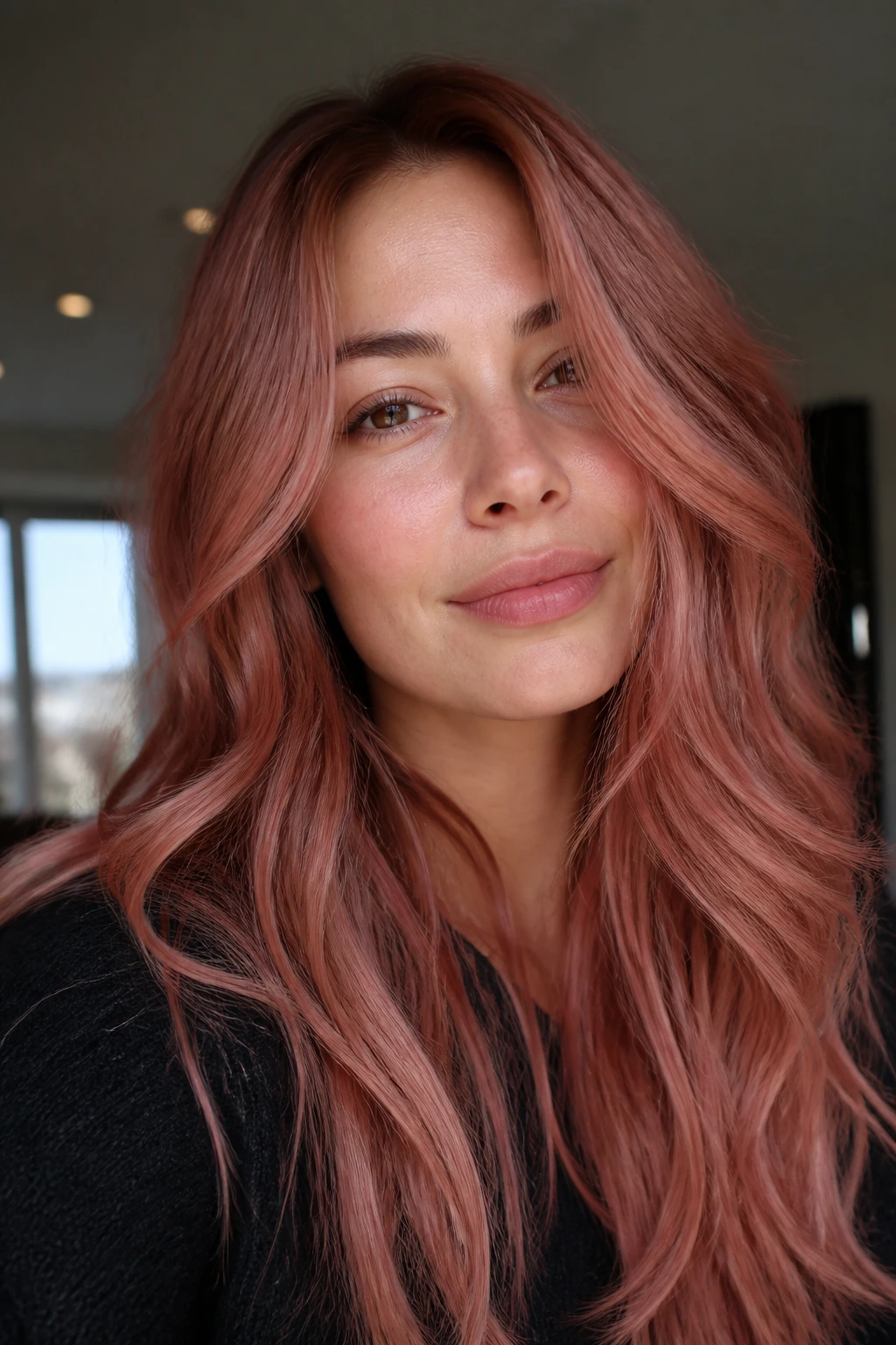 Close-up portrait of a real woman with rose copper shade catching soft light