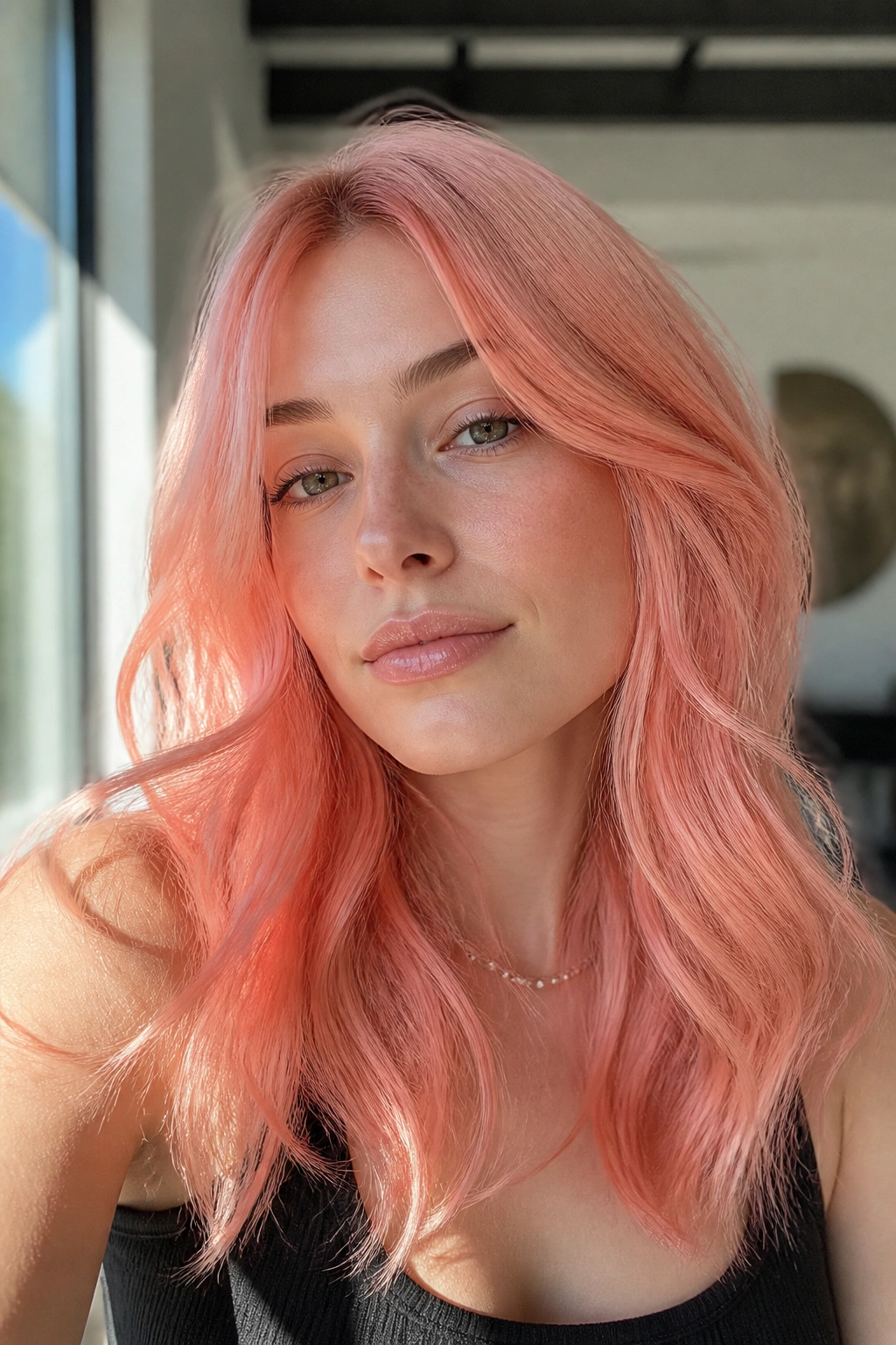 Close-up of a real woman with rose coral gloss hair under bright window light