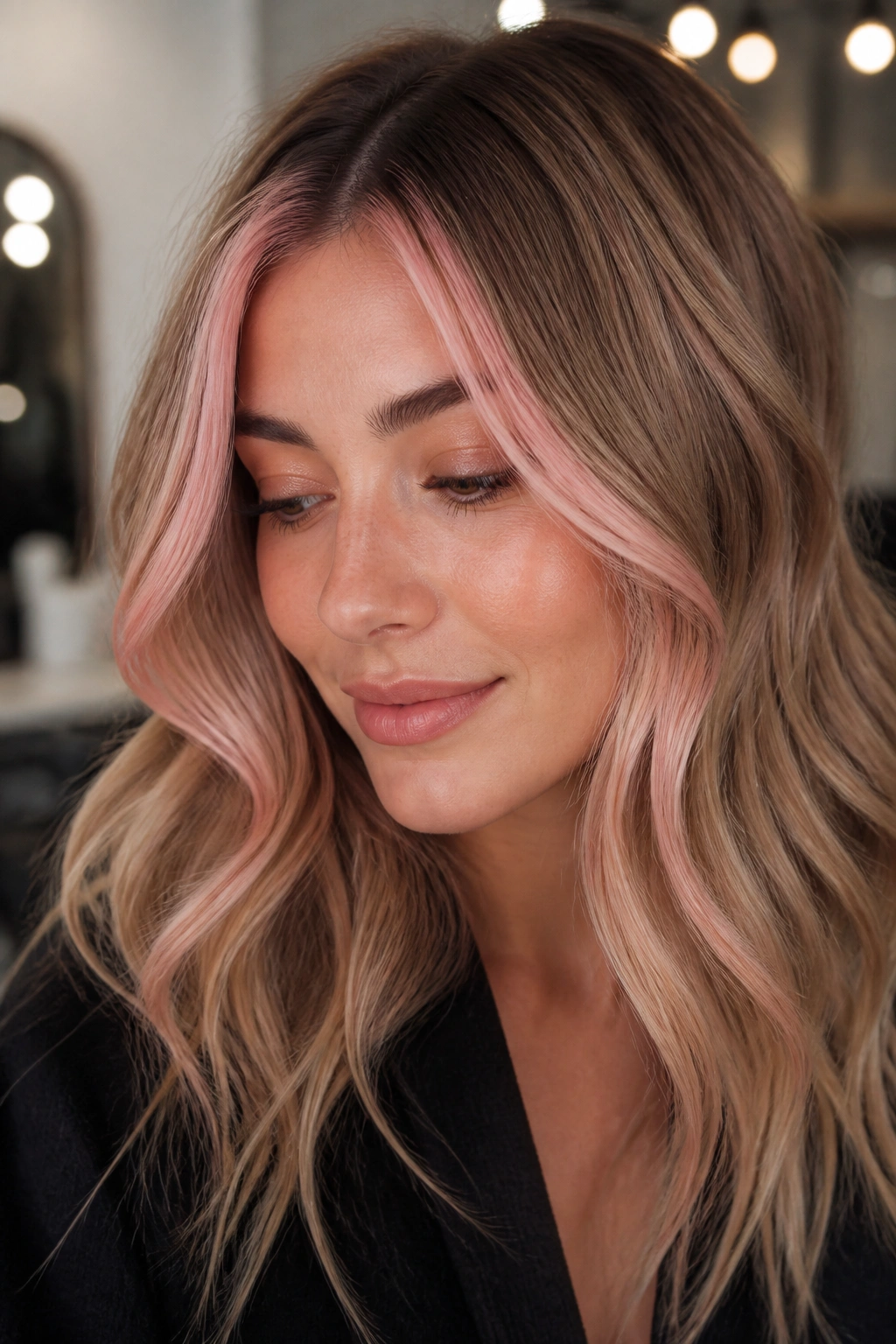 Close-up of woman with rose gold accents near temples