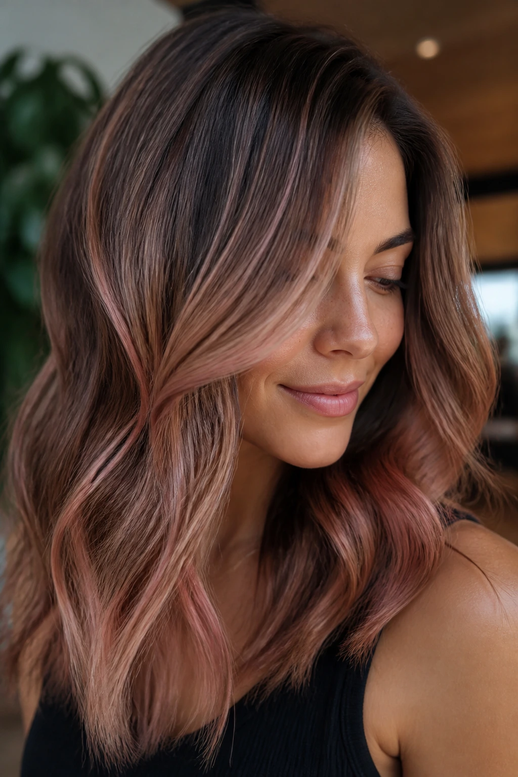 Close-up of a real woman with brown hair and rose gold balayage